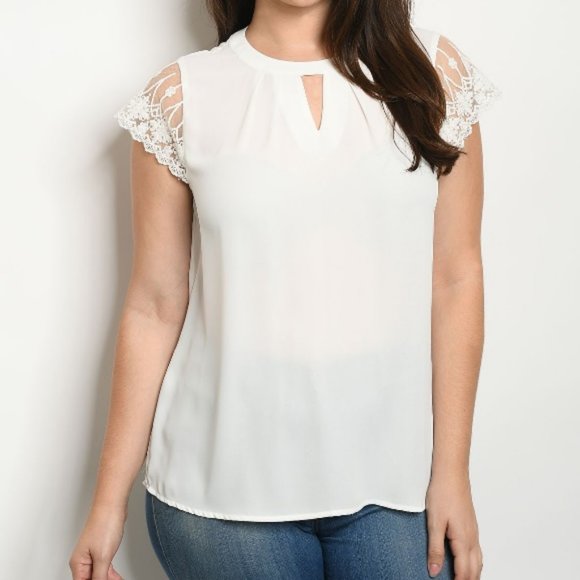 Angela Plus Tops - Pleat Round Neck Frill Lace Detail Chiffon Blouse